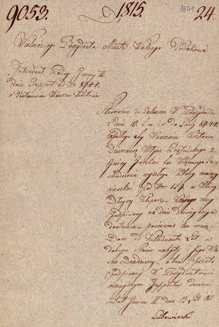 Z akt magistrackich dokument z 1815 r. stanowiący raport intendenta policji Szczepana Lubowieckiego
kierowany do prezydenta municypalności w sprawie dzierżawcy młyna prądnickiego, z Gminy Gorzkwi
bez urzędowego zaświadczenia wyszłego, a zamieszkałego w Gminie III Kleparz przy ul. Długiej
(Archiwum Narodowe w Krakowie, sygn. Mag I-190, s. 1541)