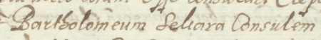 Z akt sądowych wielkorządcy krakowskiego obejmujących lata 1592–1616: początkowy fragment wpisu z 1594 roku
dotyczącego sprawy prowadzonej przed sądem wielkorządowym z udziałem Bartłomieja Sękary jako strony –
oraz zbliżenie zapisu imienia i urzędu (Archiwum Narodowe w Krakowie, sygn. Teut. 69, s. 276)