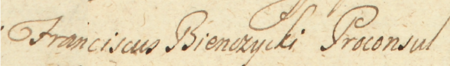 Z księgi radzieckiej Kleparza obejmującej lata 1735–1741: fragment wpisu z 1735 roku otwierającego kolejną sesję rajców
działających pod przewodnictwem ówczesnego burmistrza Franciszka Bieńczyckiego – oraz zbliżenie zapisu imienia i funkcji
(Archiwum Narodowe w Krakowie, sygn. KL 34, s. 6)