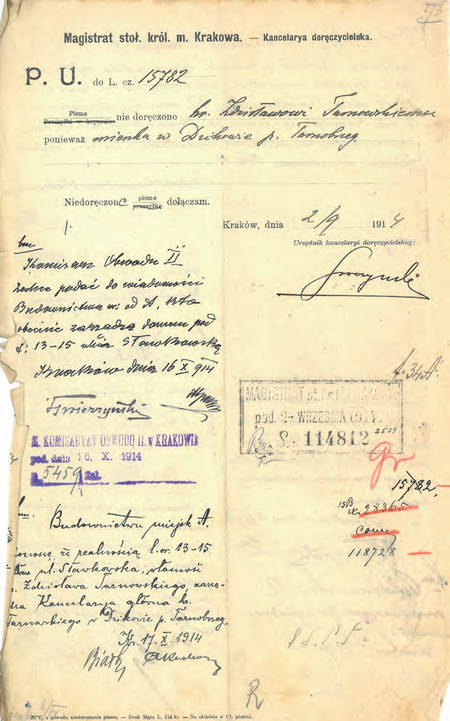 Z akt magistrackich Tabliczki orientacyjne na domy – dostawa Pollak Rudolf z Pragi 1912–1913
dokument pochodzący z roku 1914 – korespondencja służbowa Budownictwa Miejskiego
z komisarzem Mieczysławem Białkowskim
(Archiwum Narodowe w Krakowie, sygn. Kr 7693, nlb)