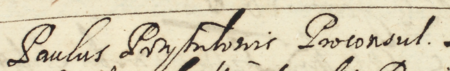 Z księgi radzieckiej Kazimierza obejmującej protokoły spraw z lat 1651–1652: wpis z 1651 roku dotyczący sesji
władz kazimierskich pod prezydencją Pawła Przytułowicza, ówczesnego burmistrza – zbliżenie zapisu imienia i funkcji
(Archiwum Narodowe w Krakowie, sygn. K 98, s. 31)
