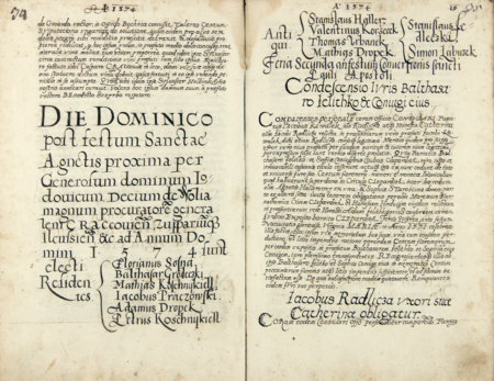 Z księgi radzieckiej Kleparza obejmującej lata 1573–1578: strony z wpisem powołania przez wielkorządcę Ludwika ( Jodocusa) Decjusza
(syna rajcy krakowskiego Justa Ludwika Decjusza i brata wielkorządcy Justa Ludwika młodszego) kleparskiej rady miejskiej urzędującej –
consules residentes na rok 1574 wraz z wyszczególnieniem składu rady starej – consules antiqui
(Archiwum Narodowe w Krakowie, sygn. KL 29, s. 34–35)