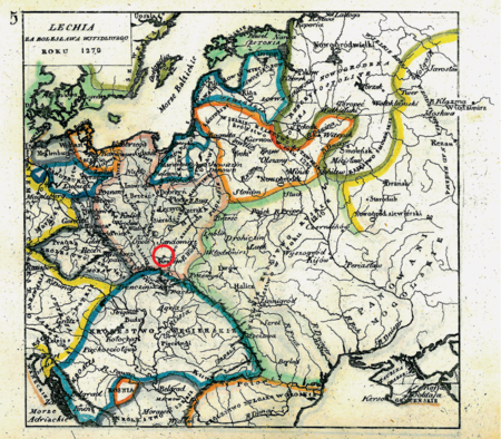 Mapa nr 5
Terytorium ziemi krakowskiej na mapie przedstawiającej państwo polskie u schyłku rozbicia dzielnicowego,
w roku śmierci Bolesława Wstydliwego, księcia krakowsko-sandomierskiego (1279)