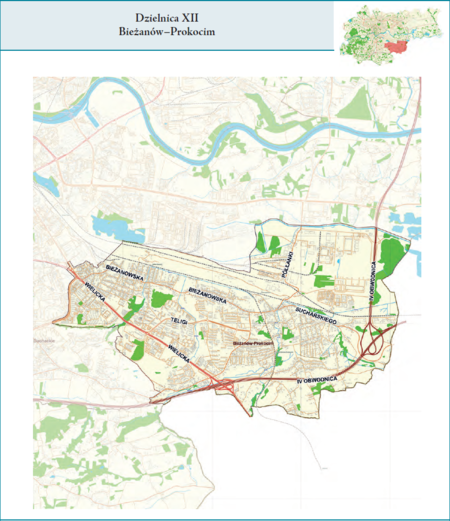 Dzielnica XII Bieżanów–Prokocim według stanu z 2017 r. na przywołanym wcześniej planie miasta z tego samego roku – dzielnica
samorządowa o powierzchni 18,47 km² (udział 5,65% w całej powierzchni miasta), położona na terenach historycznych jednostek
katastralnych: Bieżanów i Prokocim, po części także Rżąka i Wola Duchacka, fragmentem Przewóz (vide plan na s. 239).
Opis przebiegu granic tej dzielnicy podano na następnej stronie.