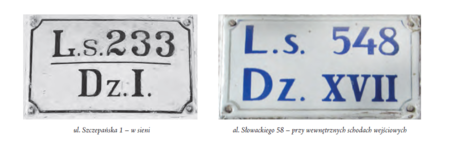 O ile tabliczki orientacyjne z numerem domu służyły jego identyfikacji zewnętrznej, publicznej, to dla identyfikacji związanej z katastrem
i hipoteką służyły tabliczki z numerem domu spisowym. Numer spisowy to numer hipoteczny nadawany wszystkim nieruchomościom
najpierw w granicach całego miasta, później w obrębie danej dzielnicy katastralnej (początkowo był tożsamy z liczbą wykazu
hipotecznego, w późniejszym okresie numeracje te „rozeszły się”). Numer orientacyjny i numer spisowy, choć dotyczą tej samej nieruchomości,
nie mają ze sobą nic więcej wspólnego. W przywoływanej już wcześniej uchwale Rady Miasta z 3 lutego 1881 r. określającej
zasady nowego ponumerowania domów zapisano, że numery spisowe wewnątrz domu po stronie prawej od bramy wchodowej
wedle formy dotychczasowych tabliczek zamieszczone będą (DzRMK 1881, nr 1, s. 2). Odwołanie do „formy dotychczasowych
tabliczek” dotyczy XIX-wiecznego wzoru, według którego wykonana została tabliczka przedstawiana wyżej po lewej stronie. Aktualność
tej formy potwierdziło Budownictwo Miejskie dokumentem z 1912 r., w którym m.in. podano wymiary tabliczek: 171 mm x 98 mm
(Archiwum Narodowe w Krakowie, sygn. Kr 7693, nlb). Co do zasady wzór ten pozostawał więc niezmieniony przez dziesiątki
lat – tabliczka przedstawiana wyżej po prawej stronie pochodzi z roku 1937. Choć po drugiej wojnie światowej zaniechano obowiązku
uwidoczniania numeru spisowego, w sieniach wielu kamienic możemy jeszcze spotkać zachowane stare tabliczki.