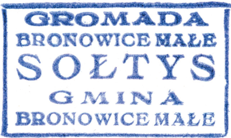 (1936)
Odcisk pieczęci dominialnej Bronowic Małych
z 1833 roku używanej też jako pieczęć wsi oraz
odciski pieczęci urzędowych gminy i gromady
Bronowice Małe z lat 1867, 1925 i 1936
(Archiwum Narodowe w Krakowie,
sygn. WMK IX-29, nlb.; sygn. WMK
XIV-81, s. 1372; sygn. PUZKr 45, s. 309;
sygn. 29/1023/26, nlb.)