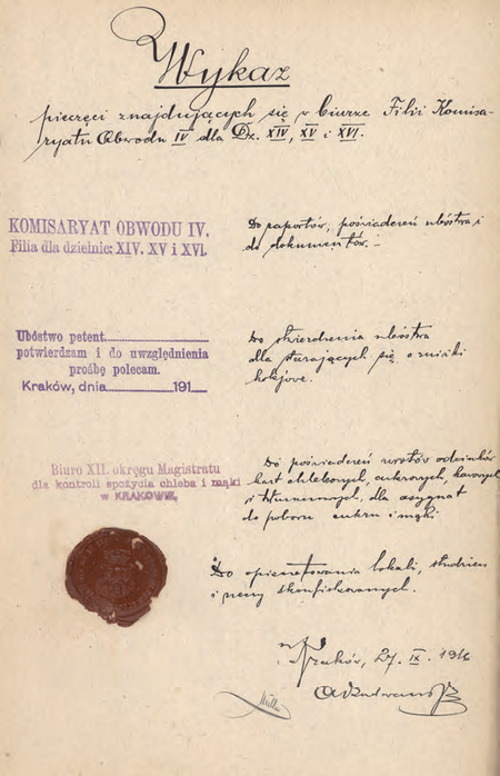 Z akt magistrackich pierwsza strona składanego w 1916 r. przez zastępcę komisarza Alfreda
Radwanka wykazu pieczęci używanych w Filii Miejskiego Komisariatu Obwodu IV
(Archiwum Narodowe w Krakowie, sygn. IT 1038, nlb)