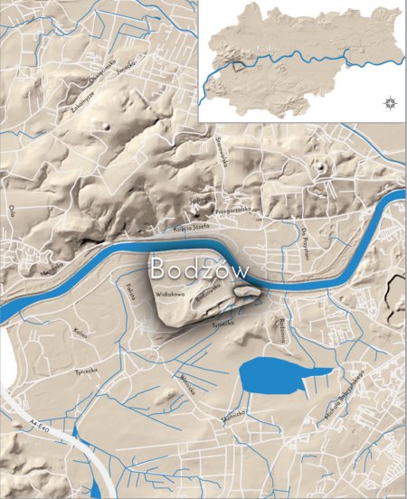 Orientacyjna lokalizacja dawnej wsi Bodzów w obecnych granicach Krakowa – na planie miasta
oznaczono jej położenie w kształcie wyznaczonym granicami jednostki katastralnej, jaką stanowiła,
ze wskazaniem najstarszego, historycznego centrum Bodzowa w rejonie dzisiejszej ulicy Widłakowej