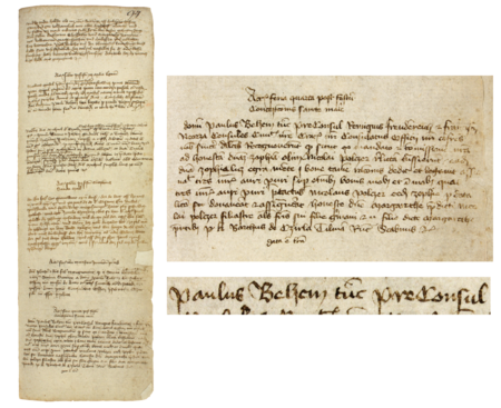 Z księgi radzieckiej obejmującej lata 1412–1449 strona 94 z wpisem z 1416 roku, stwierdzającym, że w środę po święcie
Niepokalanego Poczęcia NMP burmistrz Paweł Behem wraz z rajcami Remigiuszem Freodenrichem (nr 178)
i Franciszkiem Neorzą (nr 174) potwierdzili rozporządzenie majątkowe dokonane przez Zofię, wdowę po Mikołaju Polczerze –
oraz powiększenie zapisu imienia i funkcji burmistrza (Archiwum Państwowe w Krakowie, sygn. rkps 428, s. 94)