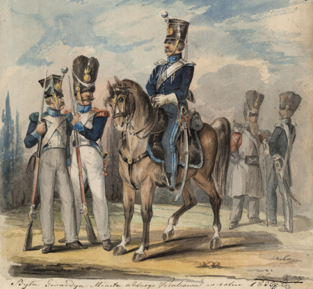 (088) Jan Kanty Wojnarowski, akwarela z 1837 r. z tzw. Tek Grabowskiego, prezentująca Gwardię Wolnego Miasta Krakowa, zwaną też Milicją
Wolnego Miasta Krakowa. Formacja ta, działająca w latach 1816–1846, była następczynią Gwardii Narodowej Krakowskiej z lat 1810–1813, gdy Kraków
pozostawał w granicach Księstwa Warszawskiego; na rysunku od lewej strony: fizylier, grenadier, żandarm, saper i tamburmajor; widzimy umundurowanie
biało-niebieskie, odpowiadające oficjalnie już przyjętym barwom Krakowa (ANK, sygn. E 114, s. 361)