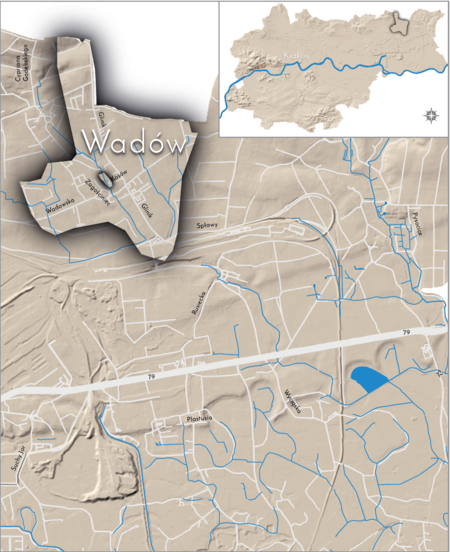 Orientacyjna lokalizacja dawnej wsi Wadów w obecnych granicach Krakowa – na planie miasta oznaczono
jej położenie w kształcie wyznaczonym granicami jednostki katastralnej, jaką stanowiła, ze wskazaniem
najstarszego, historycznego centrum Wadowa w rejonie dzisiejszych ulic Zagościniec i Jaskrowej