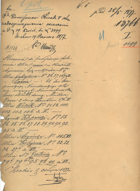 Z magistrackich akt Tabliczki orientacyjne dla budynków od roku 1877 do 1892 roku
dokonane w 1877 r. przez komisarza Walentego Trylskiego zestawienie policzbowania
nowych domów na terenie Obwodu II
(Archiwum Narodowe w Krakowie, sygn. Kr 7534, nlb)