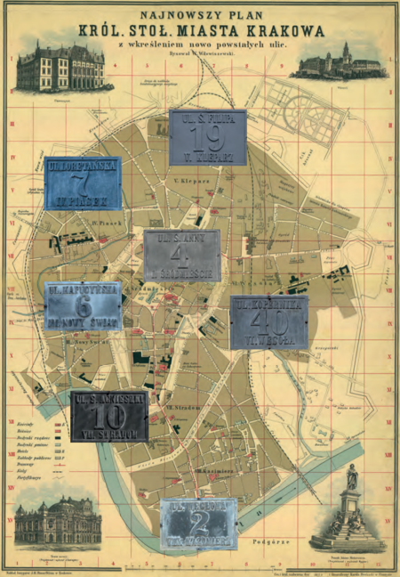 Na planie Krakowa z 1898 r., zwanym „planem Wdowiszewskiego”, kolekcja zachowanych jeszcze na krakowskich
kamienicach cynowych tabliczek orientacyjnych z numerami domów usytuowanych w poszczególnych dzielnicach
katastralnych (bez Dzielnicy II Wawel, gdzie oznakowania przepadły). Wzór tych tabliczek wprowadzono w 1881 r.
(z mocą od 1882 r.), gdy zmieniono w mieście ponumerowanie domów, przechodząc z numeracji ciągłej w obrębie poszczególnych
dzielnic katastralnych na obowiązującą także i dzisiaj numerację w ramach poszczególnych ulic
(plan miasta: Muzeum Historyczne Miasta Krakowa, nr inw. 40/T/VIIIa)
