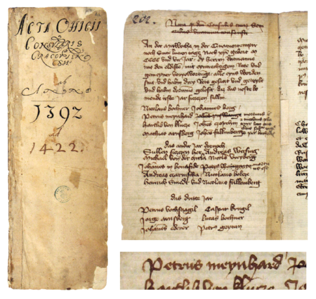 Z księgi radzieckiej obejmującej lata 1392–1411 strona tytułowa i fragment strony 202 z wpisem zawierającym
listę rajców wybranych na rok 1405, z Piotrem Meinhardem w składzie – oraz powiększenie zapisu imienia
(Archiwum Państwowe w Krakowie, sygn. rkps 427, s. 1a, 202)