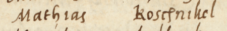 Z księgi radzieckiej Kleparza obejmującej lata 1573–1578: fragment wpisu z 1576 roku dokumentującego
wybór rady urzędującej, z rajcą-burmistrzem Maciejem Kosznikielem w składzie – oraz zbliżenie zapisu imienia
(Archiwum Narodowe w Krakowie, sygn. KL 29, s. 563)