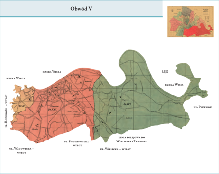 Obwód V według stanu z roku 1924 na przywołanym wcześniej planie miasta z 1925 r. – tę dzielnicę administracyjną
stanowiły trzy dzielnice katastralne: IX–Ludwinów, XXI–Płaszów i XXII–Podgórze. Użyte przy powyższym planie
dzielnicy nazwy terenowe podano według nazewnictwa obowiązującego aktualnie.