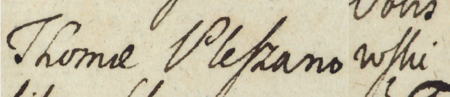 Fragment dokumentu wydanego w 1783 roku, w którym Stanisław August Poniatowski
wzywa przed swój sąd wielkorządowy rajców kleparskich, wśród nich Tomasza Pleszanowskiego,
z pozwu Jana Chodowicza i Wojciecha Wodzińskiego – oraz zbliżenie zapisu imienia
(Archiwum Narodowe w Krakowie, sygn. Dok. Pap. IT 8-57)