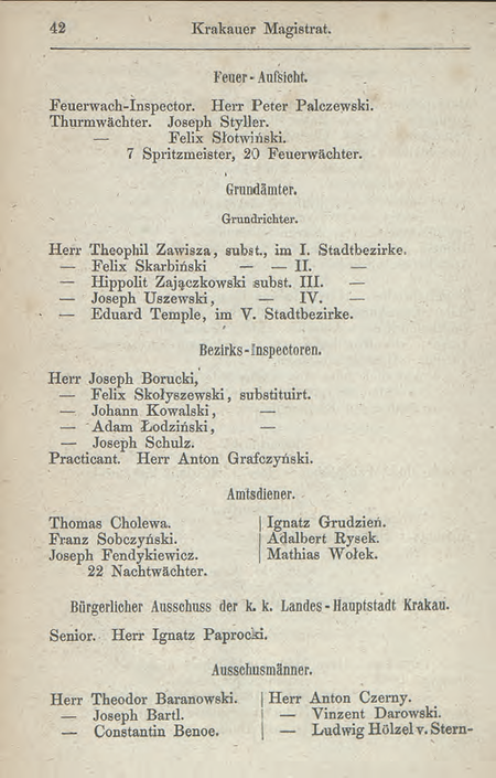Z rocznika tzw. Szematyzmu galicyjskiego z roku 1855 wykaz komisarzy obwodowych
krakowskiego Magistratu; wśród nich p.o. komisarz Feliks Skarbiński
(Szematyzm 1855, s. tytułowa, s. 42)