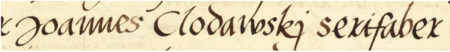 Z księgi radzieckiej Kleparza obejmującej lata 1539–1546: fragment wpisu z 1546 roku dokumentującego
wybór rady urzędującej, z rajcą-burmistrzem Janem Kłodawskim w składzie – oraz zbliżenie zapisu imienia
(Archiwum Narodowe w Krakowie, sygn. KL 24, s. 810)