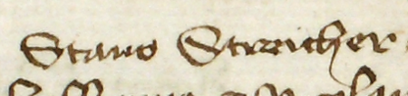 Z księgi rady miejskiej obejmującej lata 1392–1422 strony 232–233 z wpisem z roku 1406, stwierdzającym,
że w sobotę, w wigilię św. Cecylii dziewicy, Stanisław Streicher wraz z kilkoma innymi mieszczanami krakowskimi poręczył
za wymienione z imienia osoby, które miały stawić się przed królem – oraz powiększenie zapisu imienia
(Archiwum Państwowe w Krakowie, sygn. rkps 427, s. 232–233)
