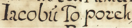 Z księgi radzieckiej Kazimierza obejmującej lata 1603–1604: fragment wpisu dokumentującego wybór rady urzędującej na
rok 1604 (bez reprezentantów Stradomia) z czterema rajcami nowymi w składzie, w tym Jakubem Toporkiem –
oraz zbliżenie zapisu imienia (Archiwum Narodowe w Krakowie, sygn. K 28, s. 659)