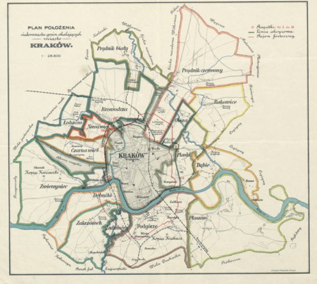 Plan położenia gmin okalających Kraków według stanu na 1905 rok: do Wielkiego Krakowa nie weszły Rakowice,
a z Prądnika Białego i Prądnika Czerwonego tylko fragmenty ich terytoriów –
te trzy gminy funkcjonowały samodzielnie do 1941 roku, kiedy to zostały objęte granicami Krakowa
(Archiwum Narodowe w Krakowie, Kataster Galicyjski, sygn. KPK 95)