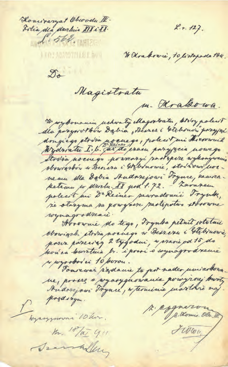 Z akt magistrackich Stróże nocni w dzielnicach przyłączonych 1910–1921 dokument pochodzący
z roku 1911 – wystąpienie zastępcy komisarza Zygmunta Cygnarowicza w sprawie wypłacenia
należności stróżowi nocnemu za jego zastępcze stróżowanie na dodatkowym obszarze
(Archiwum Narodowe w Krakowie, sygn. Kr 6800, nlb)