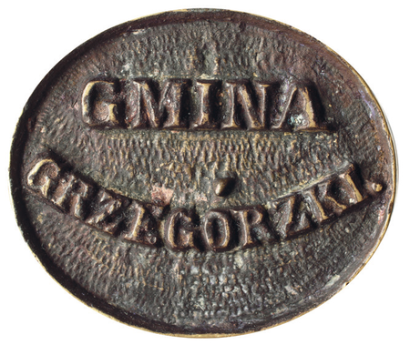 Tłok pieczętny gminy Grzegórzki używany w okresie przedautonomicznym –
lustrzane
odbicie (Archiwum Narodowe w Krakowie, sygn. T 511)