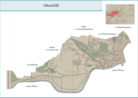 Obwód III według stanu z roku 1951 na przywołanym wcześniej planie miasta z 1957 r. – dzielnica administracyjna analogiczna
do Obwodu III z poprzedniego podziału wewnętrznego miasta, obejmująca zatem w całości tereny dzielnic katastralnych III–Nowy
Świat, IV–Piasek, XII–Półwsie Zwierzynieckie, XIII–Zwierzyniec, XIV–Czarna Wieś, XXXI–Przegorzały i XXXII–Bielany.
Użyte przy powyższym planie dzielnicy nazwy terenowe podano według nazewnictwa obowiązującego aktualnie.
