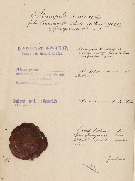 Z akt magistrackich pierwsza strona składanego w 1916 r. przez zastępcę komisarza Jana
Stanisława Jankiewicza wykazu pieczęci używanych w Filii Miejskiego Komisariatu Obwodu IV
(Archiwum Narodowe w Krakowie, sygn. IT 1038, nlb)
