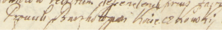 Z kleparskiego terminarza wójtowsko-ławniczego obejmującego lata 1693–1738: fragment notatki z 1710 roku
awizującej sprawę z udziałem ówczesnego burmistrza Batłomieja Kwieczkowskiego – zbliżenie zapisu funkcji i imienia
(Archiwum Narodowe w Krakowie, sygn. KL 23, s. 156)