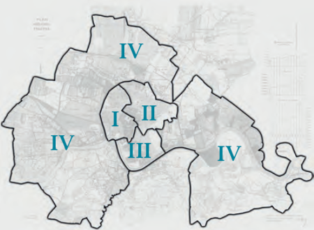 Plan konturowy podziału na obwody w latach 1910–1915
według stanu z lutego 1912 r. na podkładzie planu miasta
przedstawionego w pełnym kształcie na s. 468