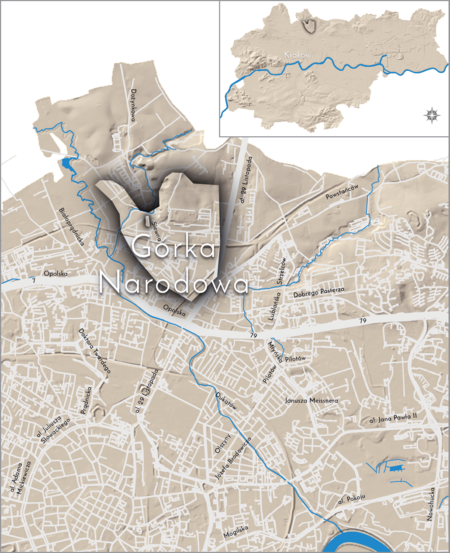 Orientacyjna lokalizacja dawnej wsi Górka Narodowa w obecnych granicach Krakowa – na planie miasta oznaczono
jej położenie w kształcie wyznaczonym granicami jednostki katastralnej, jaką stanowiła, ze wskazaniem najstarszego,
historycznego centrum Górki (później określonej jako „Narodowa”) w rejonie południowej części dzisiejszej ulicy Dożynkowe