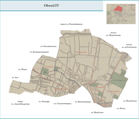 Obwód IV według stanu z roku 1951 na przywołanym wcześniej planie miasta z 1957 r. – dzielnica administracyjna analogiczna
do Obwodu IV z poprzedniego podziału wewnętrznego miasta, obejmująca zatem w całości tereny dzielnic katastralnych V–Kleparz,
XV–Nowa Wieś Narodowa, XVI–Łobzów i XVII–Krowodrza oraz w części teren dzielnicy katastralnej XVIII–Warszawskie
(pozostała część tej dzielnicy katastralnej wchodziła w obszar Obwodu V). Użyte przy powyższym planie dzielnicy nazwy terenowe
podano według nazewnictwa obowiązującego aktualnie.