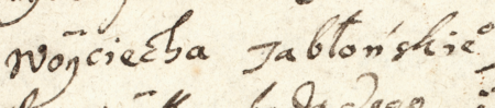 Z księgi protokołów sądu wójtowskiego jurydyki Biskupie obejmującej lata 1615–1629: fragment wpisu z 1616 roku dotyczącego
sprawy o czopowe za piwo częstochowskie, w której to sprawie Kleparz reprezentowali rajca Karol Kanesius (nr 119)
i rajca Wojciech Jabłoński – zbliżenie zapisu imienia (Archiwum Narodowe w Krakowie, sygn. Jur. I-20, s. 9v)
