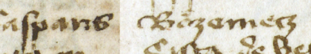 Z księgi radzieckiej zawierającej wpisy z lat 1412–1449 strony 47–48 z wpisem z 1413 roku, zawierającym inwentarz
pośmiertny rzeczy znajdujących się w skrzyni żony Fryderyka Geyselera; inwentarz został sporządzony przez rajców
Mikołaja płatnerza (nr 153), Piotra Brigera (nr 171) i Kacpra Bozemecza – oraz powiększenie zapisu imienia
(Archiwum Państwowe w Krakowie, sygn. rkps 428, s. 47–48)