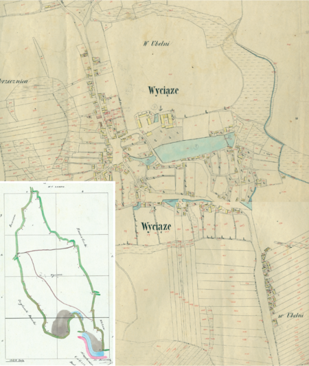 Centrum Wyciąża na mapie katastralnej sporządzonej dla gminy katastralnej Wyciąże w 1850 roku oraz pochodzący
z lat 1847–1848 plan sytuacyjny z wyrysowanymi granicami gminy Wyciąże wraz z Przylaskiem Wyciąskim i lokalizacją gmin sąsiadujących
(Archiwum Narodowe w Krakowie, sygn. K. Krak. 713 II, IV; sygn. WM 563a, nlb.)