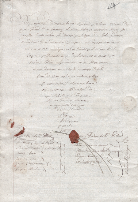 Z tak zwanej metryki józefińskiej – galicyjskiego katastru gruntowego wpis z 1787 roku z potwierdzeniami prawidłowości delimitacji
granic gromadzkich między Kobierzynem a Skotnikami, dokonanej w ramach sporządzanego katastru gruntowego
(CPAHU we Lwowie, sygn. fond 19, opis 8, sprawa 55)