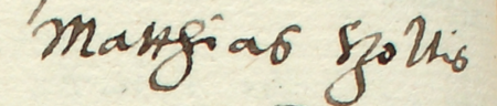 Z akt sądowych wielkorządcy krakowskiego obejmujących lata 1549–1553: fragment wpisu z 1551 roku
dokumentującego sprawę z udziałem rajców kleparskich, z Maciejem Szoltisem w składzie – zbliżenie zapisu imienia
(Archiwum Narodowe w Krakowie, sygn. Teut. 61, s. 111)