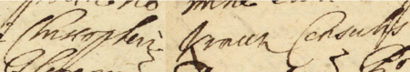 Z księgi wójtowsko-ławniczej Kleparza obejmującej lata 1649–1665: fragment wpisu z 1664 roku
dokumentującego sprawę z udziałem Krzysztofa Krauza, rajcy kleparskiego, reprezentowanego przez Franciszka Grada,
o kwotę 200 florenów – oraz zbliżenie zapisu imienia i urzędu (Archiwum Narodowe w Krakowie, sygn. KL 13, s. 249)