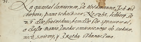Z księgi radzieckiej zawierającej uchwały z lat 1538–1643 dotyczące organizacji życia publicznego miasta fragment
wpisu z 1574 r. dokumentującego powołanie Sebastiana Noszki na funkcję hetmana Kwartału Rzeźniczego
(Archiwum Narodowe w Krakowie, sygn. rkps 1213, s. 36)