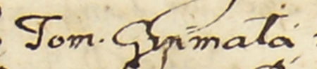 Z księgi miejskiej Kazimierza zawierającej indeks rzeczowy wpisów do kazimierskich ksiąg radzieckich z lat 1530–1603:
fragment kopii wpisu elekcji rady urzędującej na rok 1590; wśród powołanych Tomasz Grzymała – oraz zbliżenie zapisu
imienia (Archiwum Narodowe w Krakowie, sygn. K 176, s. 210)
