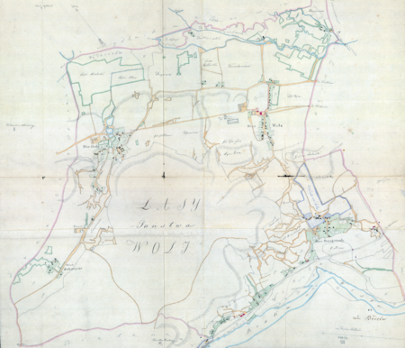 Z Archiwum Wolnego Miasta Krakowa mapa wsi Chełm i Wola Justowska wraz z wsiami i osadami sąsiadującymi,
w kopii wykonanej przez Teofila Żebrawskiego prawdopodobnie w drugiej ćwierci XIX wieku
(Archiwum Narodowe w Krakowie, sygn. 29/200/125)