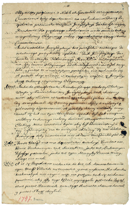 Z akt różnych dotyczących Garbar z lat 1663–1793: pierwsza strona ordynacji dla mieszkańców jurydyki wydanej przez magistrat
krakowski w 1774 roku (Archiwum Narodowe w Krakowie, sygn. Jur. IV-73, s. 1)