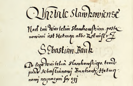 Z księgi radzieckiej zawierającej uchwały z lat 1538–1643 dotyczące organizacji życia publicznego miasta fragment wpisu
z 1575 r. wymieniający hetmana Kwartału Sławkowskiego Sebastiana Bącka, któremu przedłużono kadencję z poprzedniego
roku (Archiwum Narodowe w Krakowie, sygn. rkps 1213, s. 64)