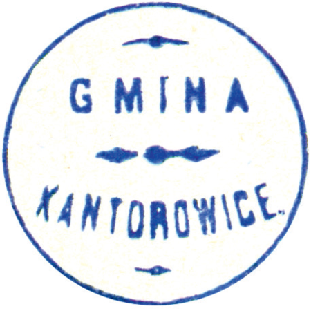 (1920)
Odciski wspólnej pieczęci Zesławic, Dłubni
i Kantorowic z 1836 roku oraz pieczęci urzędowych
Kantorowic z lat 1865, 1920 i 1946
(Archiwum Narodowe w Krakowie,
sygn. WMK IX-38, nlb.; sygn. T.Schn. 721, nlb.;
sygn. PUZKr 50, nlb.; sygn. UW II 391, s. 439)