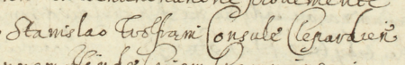 Z księgi ławniczej Kleparza obejmującej lata 1605–1615: fragment wpisu z 1605 roku
dotyczącego sporu między Janem Heyde a Stanisławem Wolframem, rajcą kleparskim – zbliżenie zapisu imienia i urzędu
(Archiwum Narodowe w Krakowie, sygn. KL 6, s. 4v)