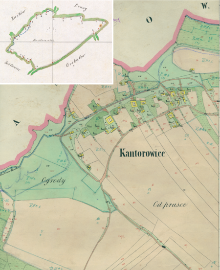 Centrum Kantorowic na mapie katastralnej sporządzonej dla gminy katastralnej Kantorowice w 1850 roku oraz pochodzący
z lat 1847–1848 plan sytuacyjny z wyrysowanymi granicami gminy Kantorowice i lokalizacją gmin sąsiadujących
(Archiwum Narodowe w Krakowie, sygn. K. Krak. 214 I; sygn. WM 562, s. 1455)