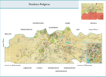 Dzielnica Podgórze według stanu z roku 1973 na przywołanym wcześniej planie miasta z 1979 r. – dzielnica, podobnie jak
w przypadku Nowej Huty, znacznie powiększona w 1973 r. Granicami Dzielnicy Podgórze objęto wówczas: Przewóz,
Bieżanów (część nieprzyłączoną w 1941 r.), Kosocice, Soboniowice, Rajsko, Swoszowice, Wróblowice, Opatkowice, Sidzinę
i Tyniec, jak również fragmenty terenów Zbydniowic, Lusiny i Libertowa. Obszar Dzielnicy Podgórze powiększono,
tym razem nieznacznie, w 1986 r., gdy przyłączono do miasta, a w efekcie do tej dzielnicy, pozostałą część Zbydniowic.
Opis przebiegu granic tej dzielnicy z roku 1973 podano na s. 719.