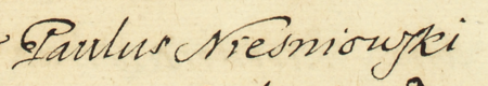 Z księgi radzieckiej Kazimierza obejmującej lata 1676–1684: początkowy fragment wpisu z 1682 roku
otwierającego posiedzenie sądu radzieckiego z rajcą Pawłem Nieśniowskim w składzie – zbliżenie zapisu imienia
(Archiwum Narodowe w Krakowie, sygn. K 45, s. 613)
